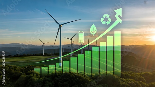Renewable energy growth concept with wind turbines and sustainability chart