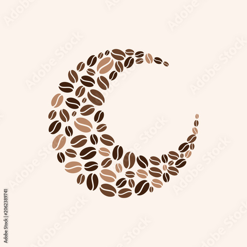 Minimalist crescent moon formed from assorted coffee beans vector illustrations