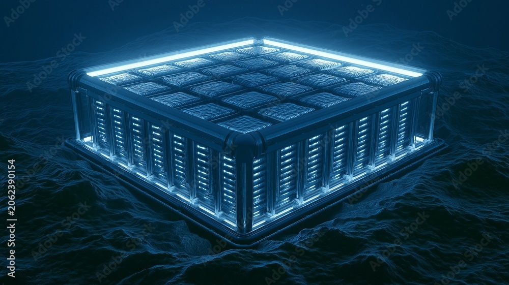 Fototapeta premium Glowing server racks on an underwater data center pod