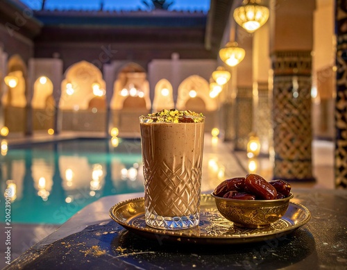 Chocolate Date Shake with Pistachios and Fresh Dates in a Luxury Moroccan Riad