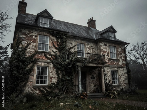 Abandoned Gothic Manor House with Ivy and Eerie Atmosphere