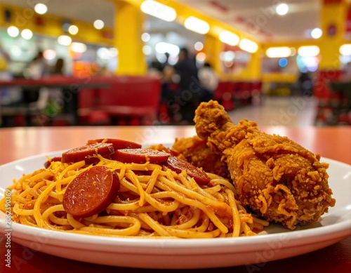 Filipino Style Spaghetti with Hotdogs and Crispy Fried Chicken
