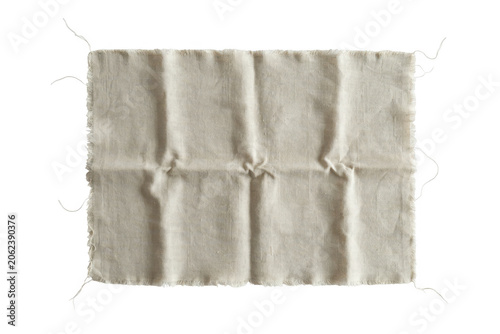 Rectangular off white linen fabric piece with frayed edges and visible creases, down view isolated on a transparent background