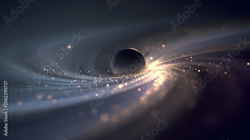Abstract illustration of a dark cosmic sphere surrounded by glowing golden particle rings in deep space.