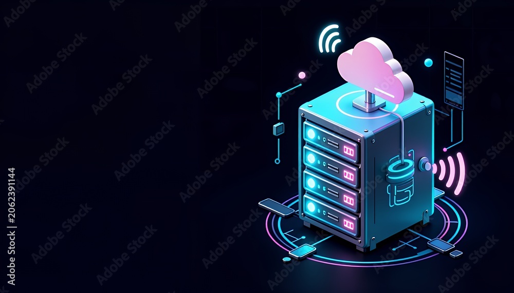 Naklejka premium Cyberpunk Inspired Data Center with Cloud Storage and Technology Elements