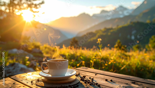 Steaming cup of coffee on wooden table in mountain meadow at sunrise
