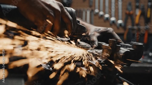 Sparks Flying Grinding Metal In Workshop Setting