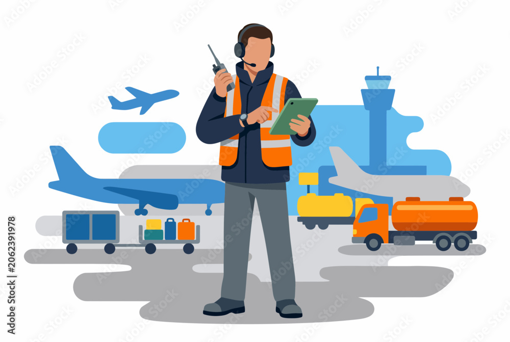 Naklejka premium Airport Ground Crew Staff Managing Flight Operations and Logistics