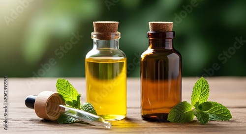 Essential oils in glass bottles with fresh mint leaves on a rustic wooden surface natural aromatherapy