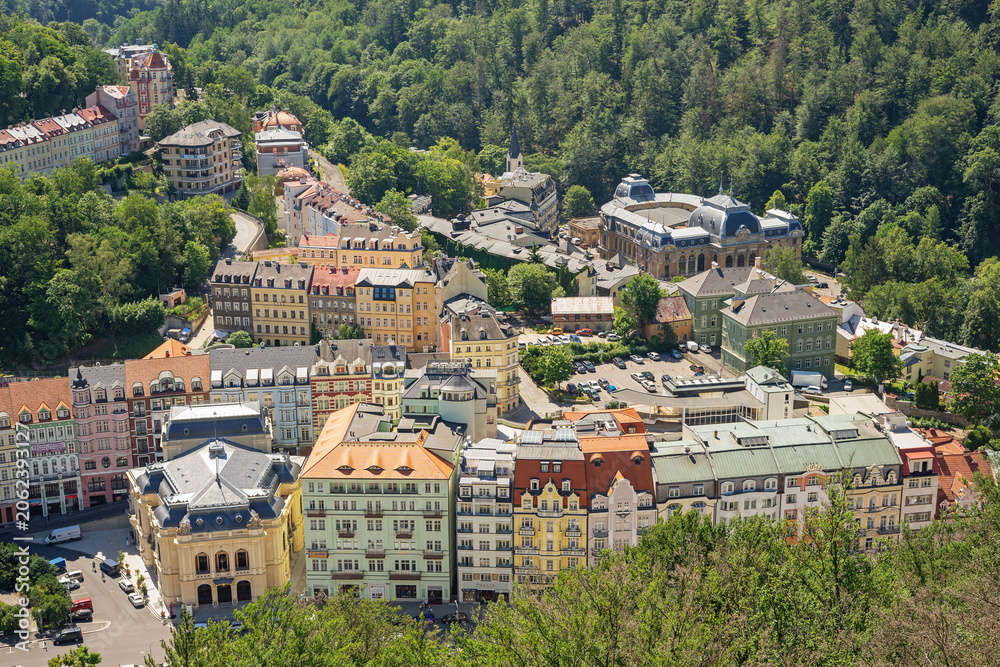 Fototapeta premium KARLOVY VARY, CZECH REPUBLIC - JUNE 24, 2019: Romantic architecture of Bohemia, Karlovy Vary, Czech Republic. the famous spa city in the Czech Republic