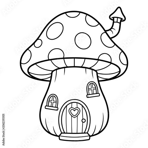 Charming black and white outline of a mushroom house with a heart door keywords: mushroom, house