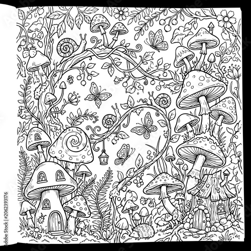 Enchanted forest scene with mushroom houses, fairies, and woodland creatures keywords: enchanted