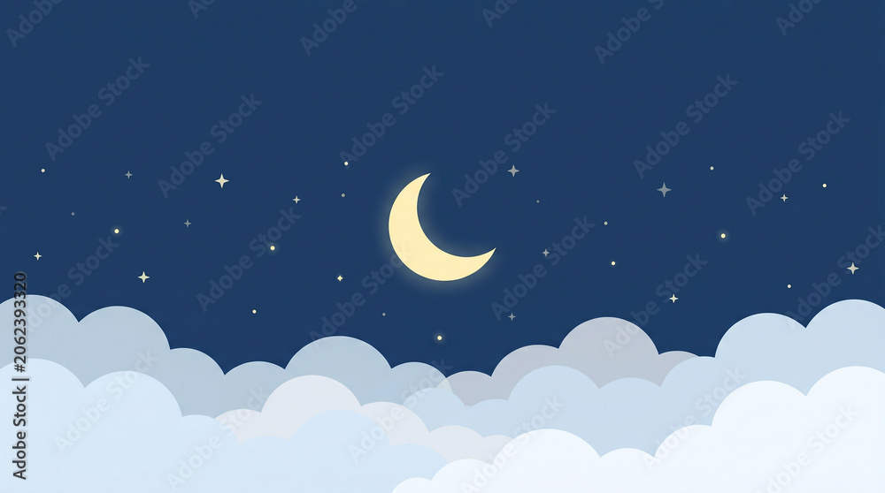 Naklejka premium 三日月と雲を組み合わせた夜空イメージのベクターイラストです。 安眠やリラックスした夜時間を表現しています。