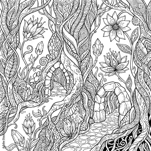 Valokuva Intricate black and white forest scene with ornate roots, flowers, and archways