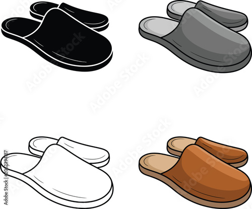 Pair of slippers flat vector icon in cartoon, black, outline style.