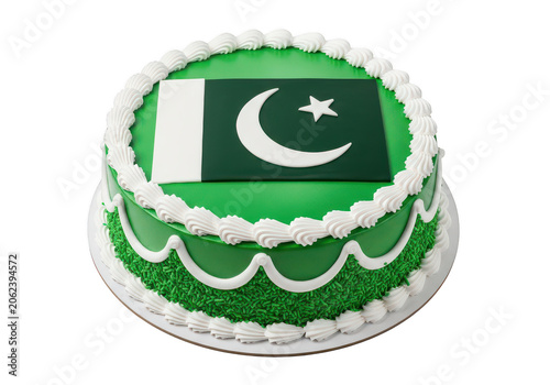 Green and white pakistani flag cake on white background PNG isolated on transparent background