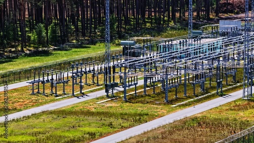 Canvas Print Aerial View of Large Electrical Substation Surrounded by Forest