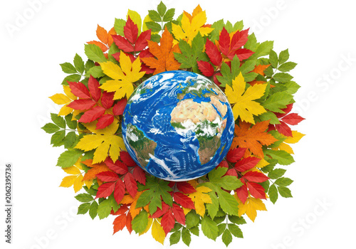 Colorful flower wreath with earth globe in center isolated PNG isolated on transparent background