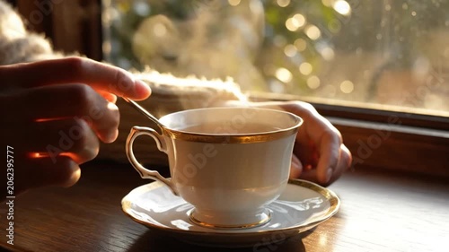 Pouring Coffee in Warm Sunlit Cafe with Delicate Cup on Elegant Saucer