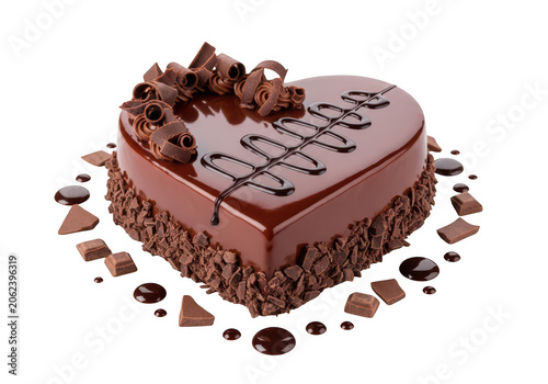 Chocolate cake with heart shape on decorative plate with chocolate shavings PNG isolated on transparent background