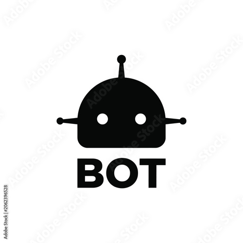 Foto Black robot silhouette with circular eyes and antennae accompanied by bold text