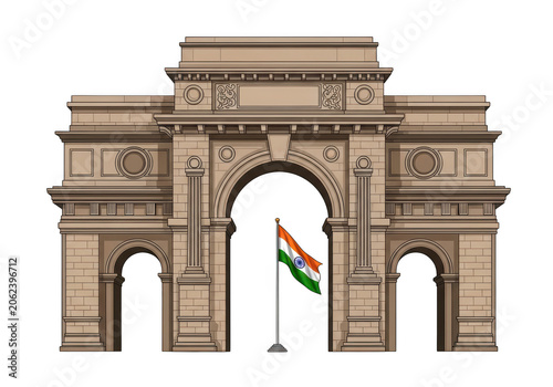 Ancient stone triumphal arch illustration with bird silhouette PNG isolated on transparent background