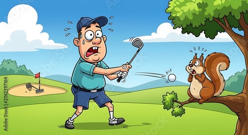 Cartoon Man Slams Golf Club at Tree Squirrel