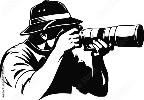 Photos Wildlife photographer with telephoto lens black and white vector illustration