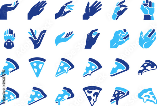 Blue icon collection featuring human hand gestures and various pizza slice food shapes.