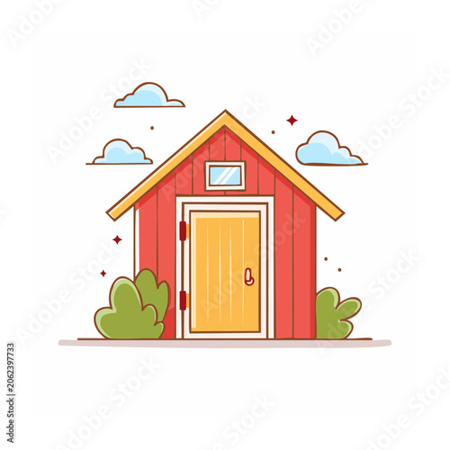Flat design cartoon house with door and cacti