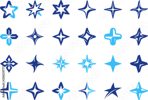 Set of blue star symbols and abstract light sparkles for festive and decorative designs.