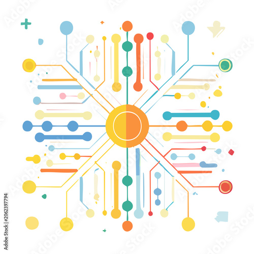 Flat design network hub with data flow lines