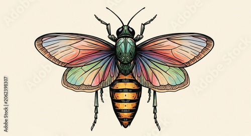 Fotografi Vintage Illustration of a Colorful Bee Insect.