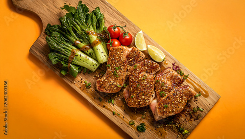 Sesame-Crusted Tuna Steaks with Bok Choy, Cherry Tomatoes and Lime on Vibrant Orange BBQ Background