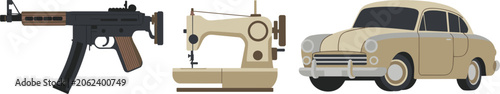 Konstfotografi Antique object set with old car sewing machine and firearm vector design element