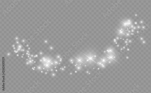 Silver sparkle light trail with glowing starbursts and shimmering particles isolated on transparent background.