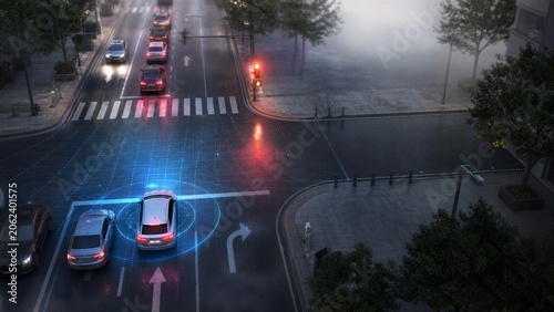 Autonomous car navigating intersection: A futuristic autonomous car navigates a busy city intersection with advanced sensor technology, displaying navigation paths and traffic data in a modern.