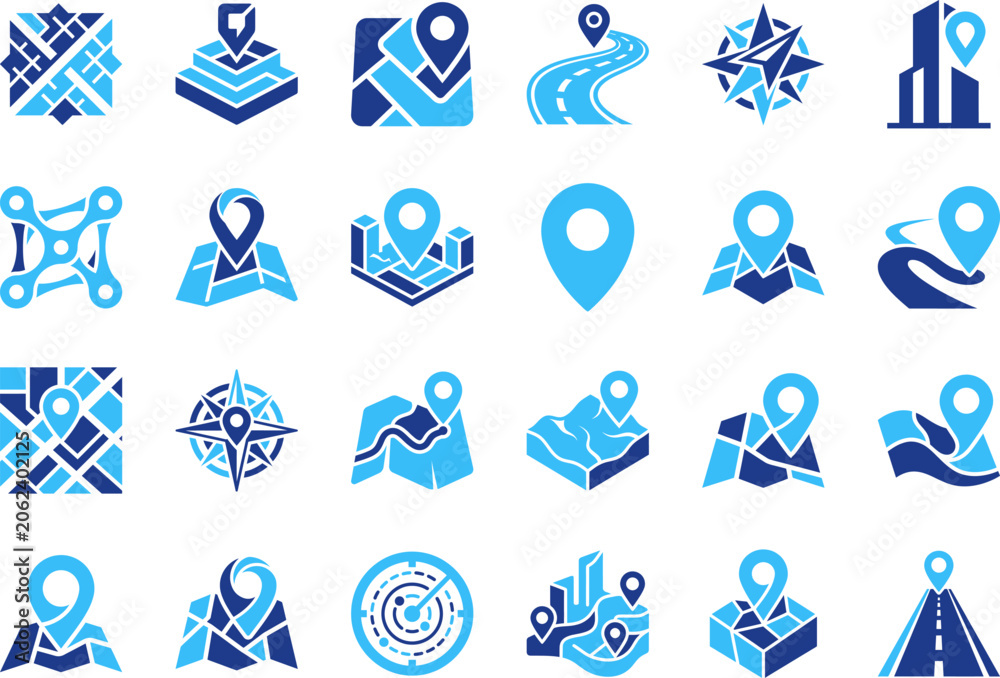 Fototapeta premium Map location pin and navigation path icons for travel apps and location tracking services.