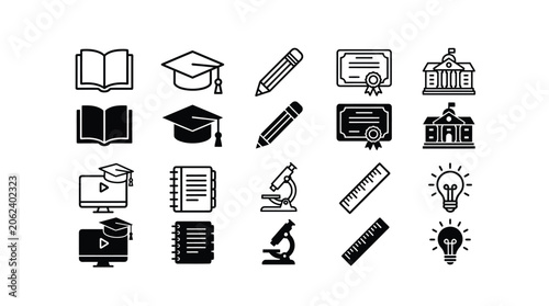 Education and science icon set with book graduation cap pencil diploma school building computer academy notebook microscope ruler light bulb ideas.
