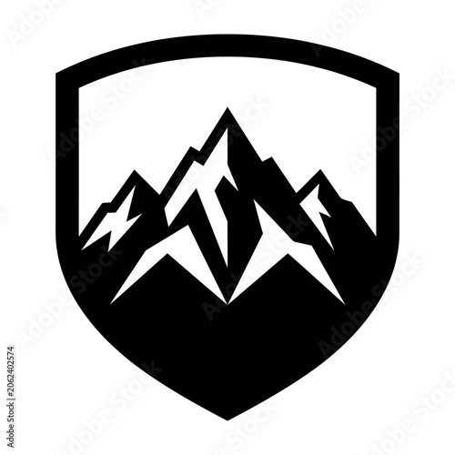 Mountain peak inside a shield emblem vector icon for outdoor adventure branding
