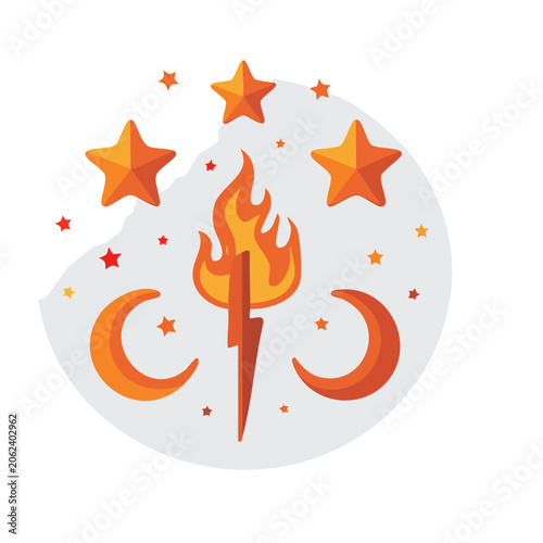 Red fire symbol with Chinese character and stars