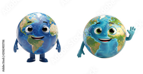 3d render of cute earth characters with humanlike features, smiling and waving, isolated on transparent background
