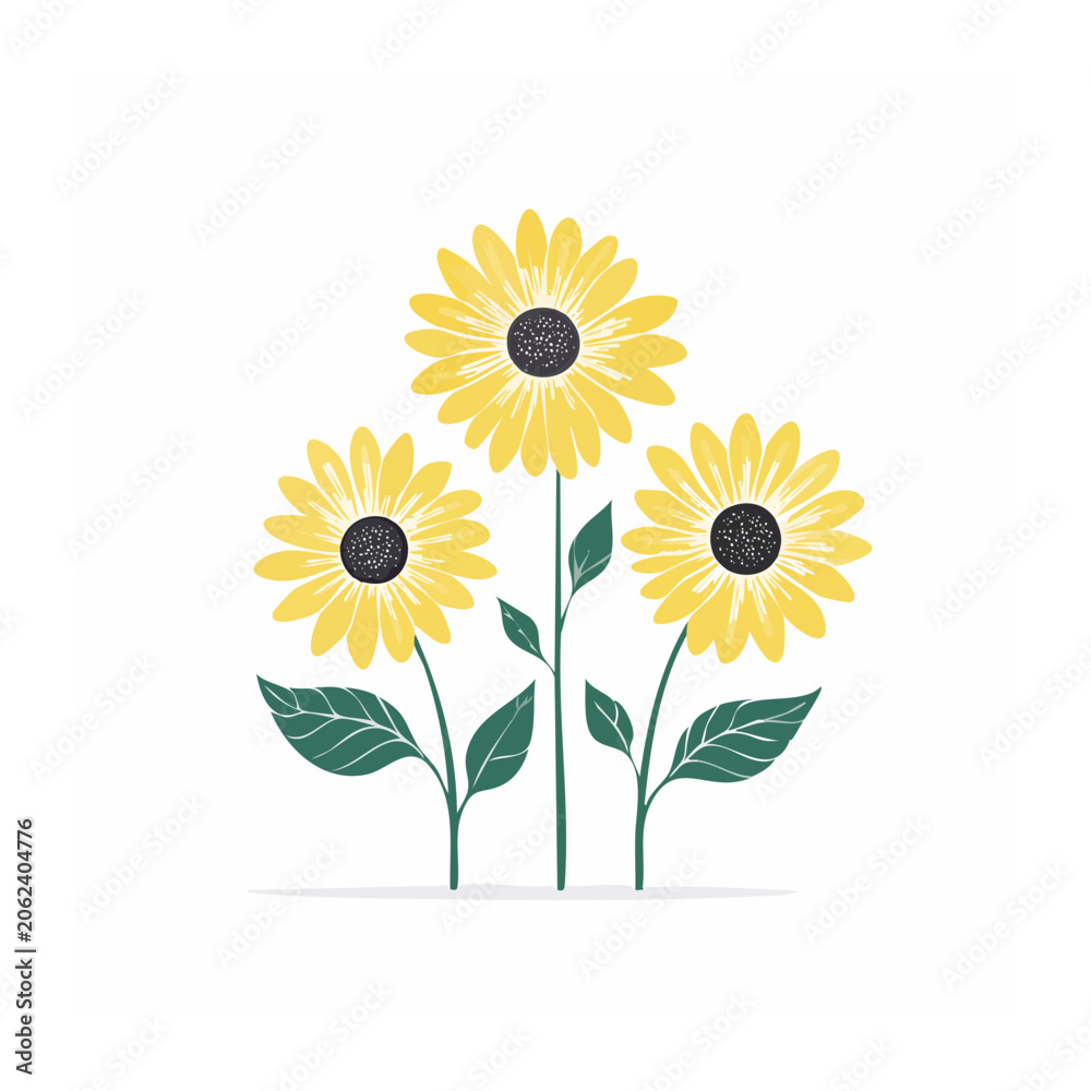 Obraz premium Three flat design sunflowers on transparent background