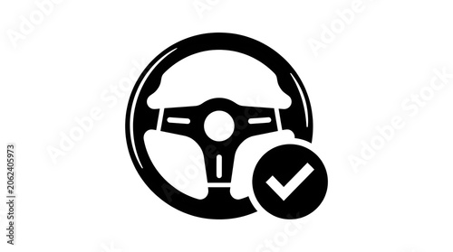 Car Steering Wheel Verified Check Icon, Automotive Safety Symbol Illustration