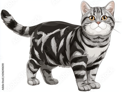 Digital Art of Striped Cat Standing on White Background Animal Portrait