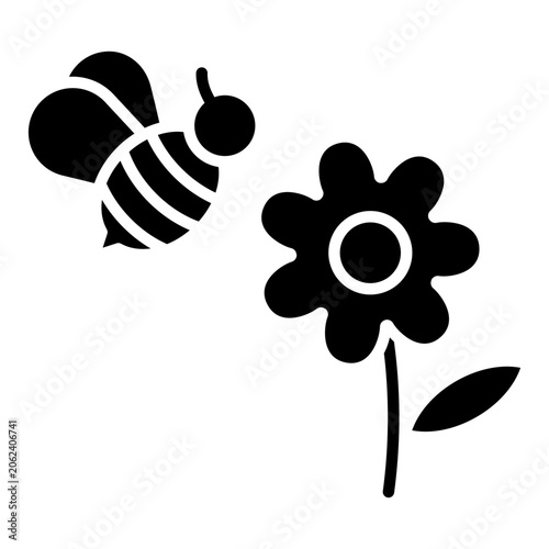 Bee and flower, pollination glyph solid icon