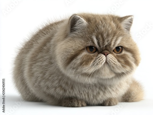 Fluffy Brown Exotic Shorthair Cat With Amber Eyes Sitting Against White Background
