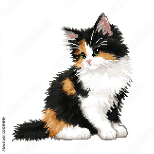 Fluffy Calico Kitten With Green Eyes And Pink Nose Sitting Pretty With White Background