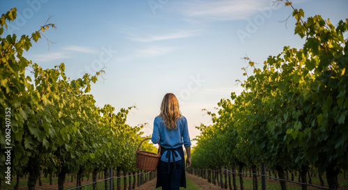 Woman harvesting grapes in a serene vineyard at sunset
