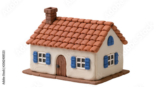 Clay house with orange tiled roof and blue shutters, isolated on transparent background